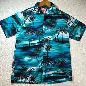 RJC Hawaiian Shirt Men M Blue Palm Tree Aloha Camp Cut Sewn in Hawaii USA